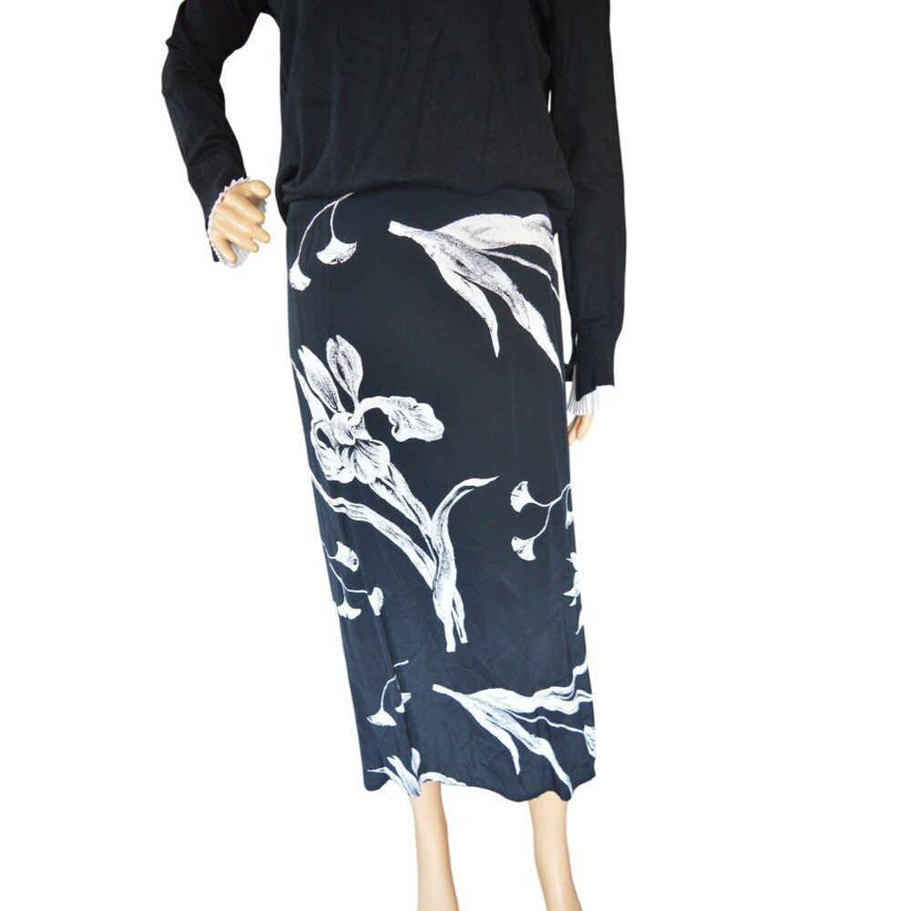 Vintage 90s Modiano Woman  Black White Floral Print Midi Skirt Womens Size 18W